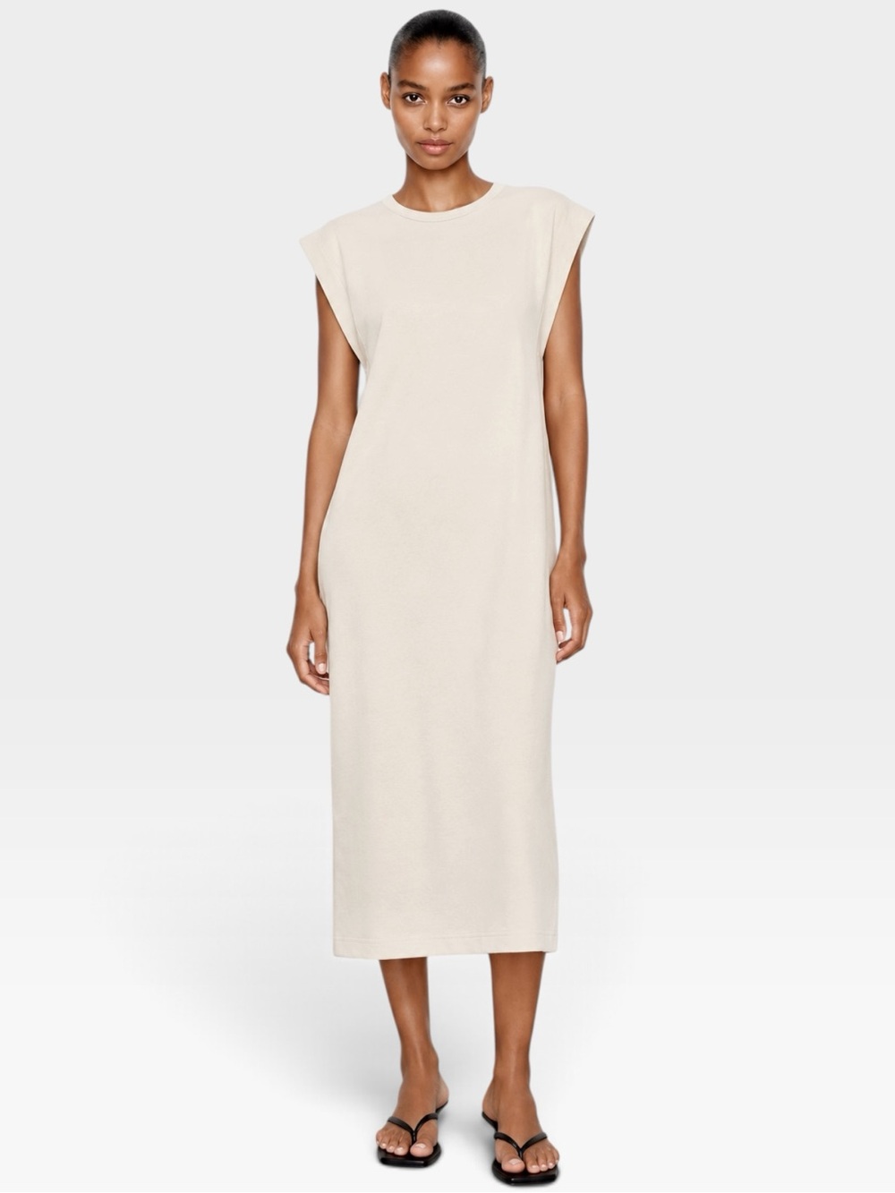 Zara Beige Ribbed Cotton Stretch Midi Maxi T-Shirt Dress Medium